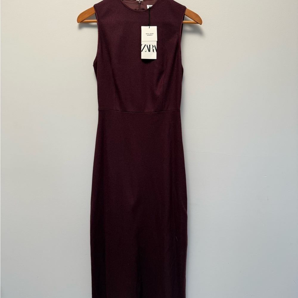 Zara Burgundy Wool Blend Midi Cocktail Dress | Mock Neck Sheath | XS NWT​